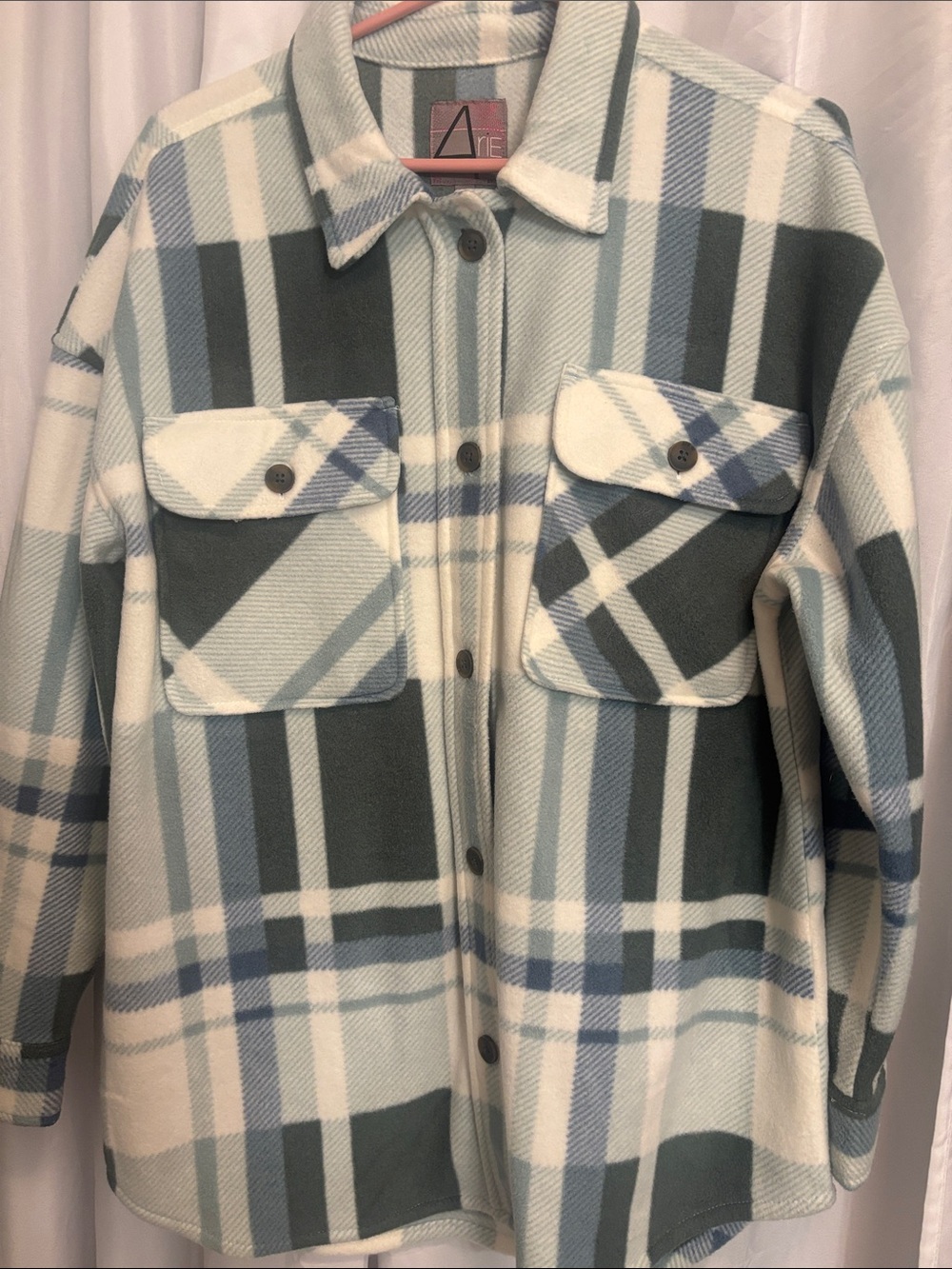 Women’s Plaid Button-Up Jacket Shirt - Sage Green & Cream